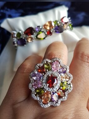 Swarovski Elements 925 Sterling Silver Large Multicolor Statement Ring NEW